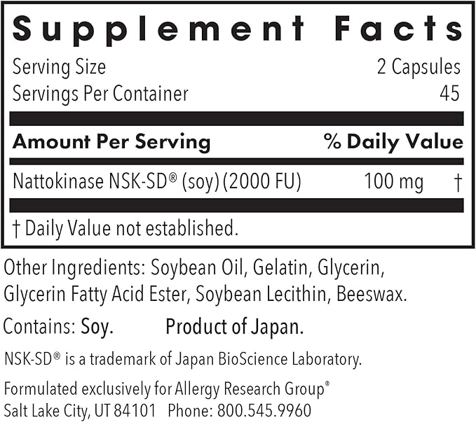 Allergy Research Group ARG Nattokinase 50 mg - Supplement to Support Healthy Circulation - Delivers 50 mg Nattokinase NSK-SD from Fermented Soybeans per Serving - 45 Servings - 90 Capsules