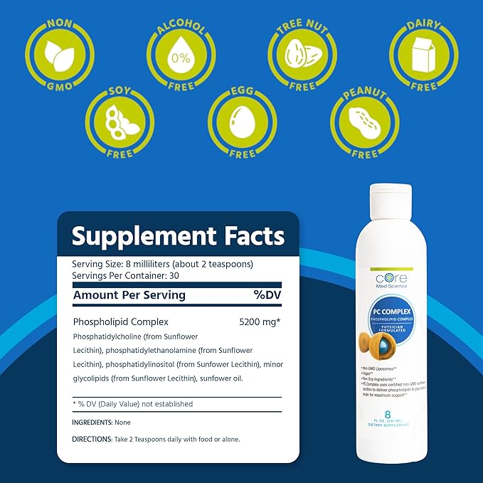 Core Med Science Liposomal Phosphatidylcholine Supplement – Lecithin Liquid PC Complex – Supports Brain Liver Gut &amp Heart Health Memory Energy – 8 Fl. Oz 30 Servings Soy Free Made in USA
