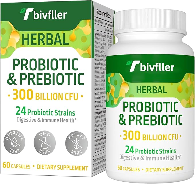 Probiotics for Women Men- 300 Billion CFU 24 Strains Probiotic+15 Organic Herbs Prebiotics Blend Pre and Probiotics for Digestive Health Immune &amp Gut Diarrhea Bloating Vegan 2 Month Supply