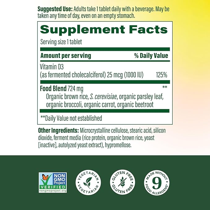MegaFood Vitamin D3 1000 IU (25 mcg) - Vitamin D Supplements with Real Food Immune Support Supports Bones Teeth &amp Muscles Vegetarian Gluten-Free Non-GMO Kosher – 90 Tablets 90 Servings
