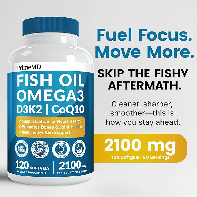 5-in-1 Fish Oil Omega 3 Fatty Supplements (2100mg) - Omega 3 Fish Oil with Vitamins D3 K2 and CoQ10 - Lemon Flavored (120 softgels Pack of 4)