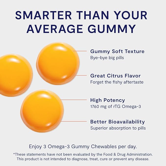 Omega 3 Gummy Chewables - 90 Gel Chews 30-Day Supply Citrus Flavor - 1760mg Ultra-Pure rTG Omega 3 for Eye Heart Brain Joint &amp Immune Health