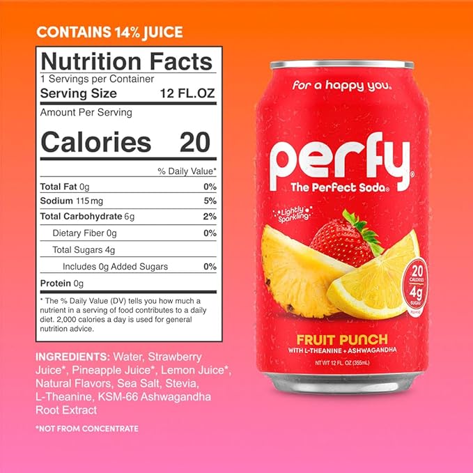 PERFY Caffeine Free Healthy Soda Variety Pack | Made With Real Fruit Juice – Low Sugar Nootropic Drinks with L-Theanine + Turmeric or Ashwagandha | Calming Functional Mocktail Sampler | Keto + GLP-1 F