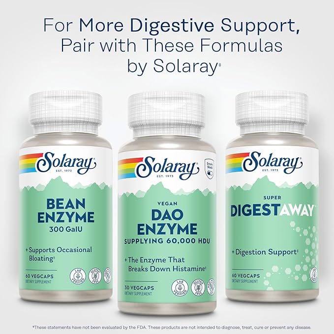 SOLARAY DAO Enzyme - Digestive Enzyme That Breaks Down Histamine - 60000 HDU - Digestive Enzymes - Vegan Gluten Free Lab Verified - 30 Servings 30 VegCaps