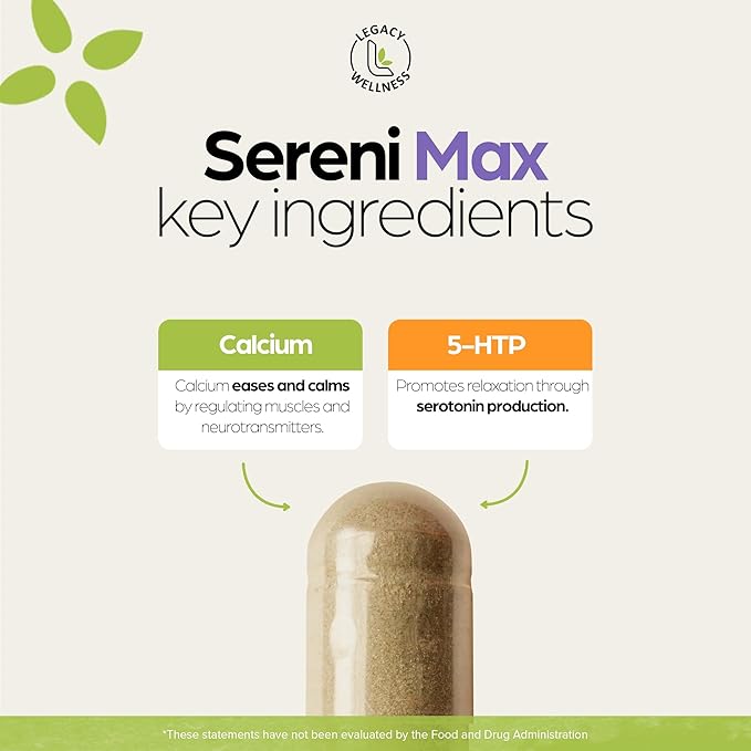 SERINI-MAX - 5-HTP Mood Support Supplement + Calcium - Supports Calm &amp Peaceful State of Mind - Boost Serotonin 5HTP 200mg for Stress Management &amp Sleep Support Supplements - 60 Capsules