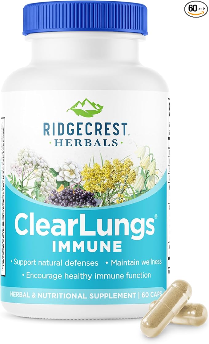 RidgeCrest Herbals ClearLungs Immune Lung Support Supplement with Elderberry Zinc Vitamin C Vitamin A Olive Leaf Mullein Lung Wellness Formula for Respiratory Health (60 Vegan Caps 30 Serv)