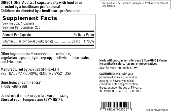 Klaire Labs SFI Health P-5-P - 30 Milligrams of Bioactive Vitamin B6 Pyridoxal-5-Phosphate for Metabolic &amp Liver Support Hypoallergenic (100 Capsules)