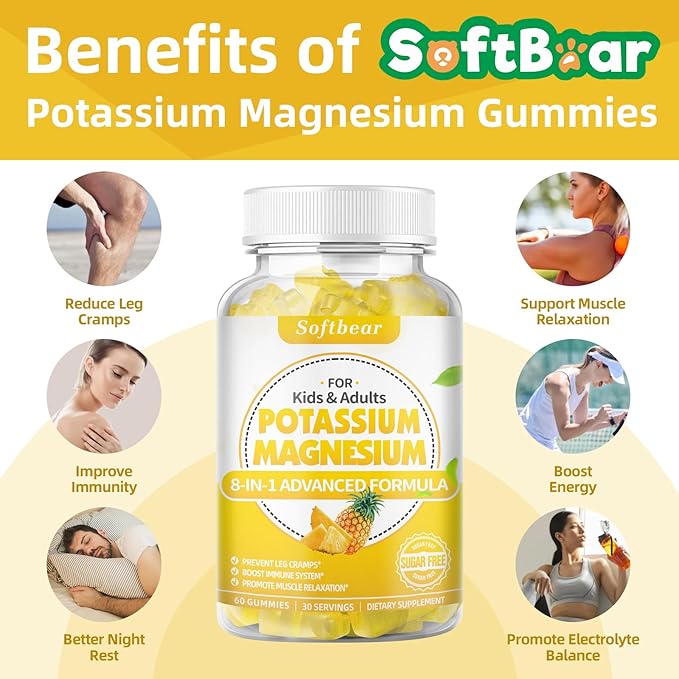 softbear Potassium Gummies for Adults Sugar-Free Potassium Magnesium Supplement with Vitamin B6 CoQ10 for Muscle Cramps Vegan Pineapple Flavor 120 Gummies