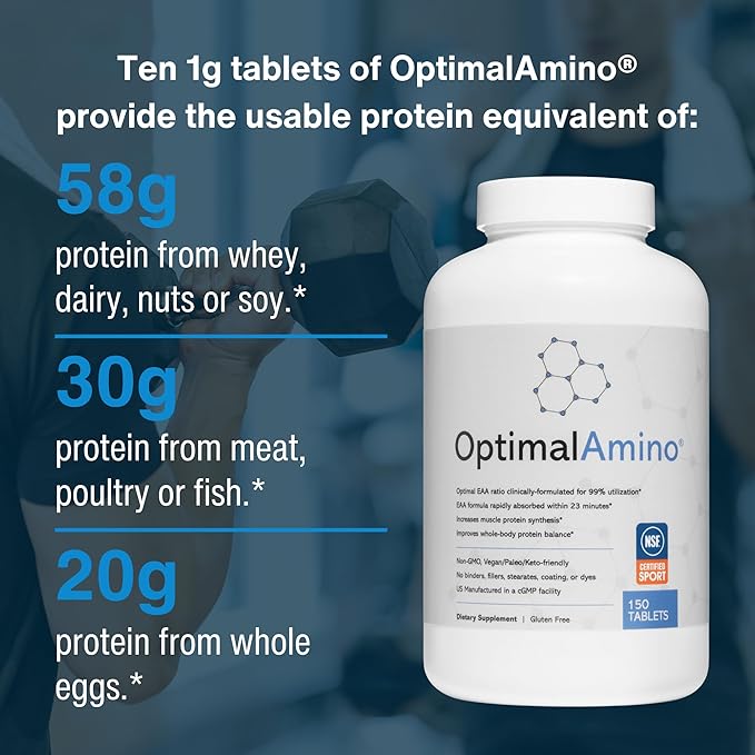 OptimalAmino Tablets (150 Count) | 99% Utilized Essential Amino Acids (EAA) Supplement Increase Muscle Recovery BCAA Protein Pre/Post Workout | NSF Certified for Sport® Certified