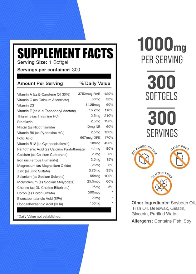 BulkSupplements.com Multivitamin for Men Softgels - Daily Multivitamin Supplement Multimineral for Men with Fish Oil - Gluten Free 1 Softgel per Serving (1000mg) 300 Count (Pack of 1)