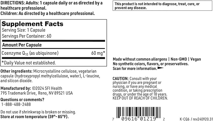 Klaire Labs SFI Health Coenzyme Q10-60 Milligrams CoQ10 as Ubiquinone Hypoallergenic Formula for Cardiovascular &amp Cellular Energy Support (60 Vegetarian Capsules)