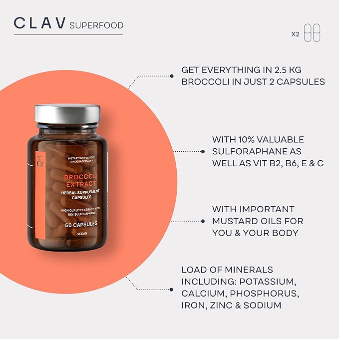CLAV Broccoli Sprout Extract Capsules - Premium Sulforaphane Supplement with 100mg Sulforaphane - Antioxidant - 60 Broccoli Pills - Made in Germany