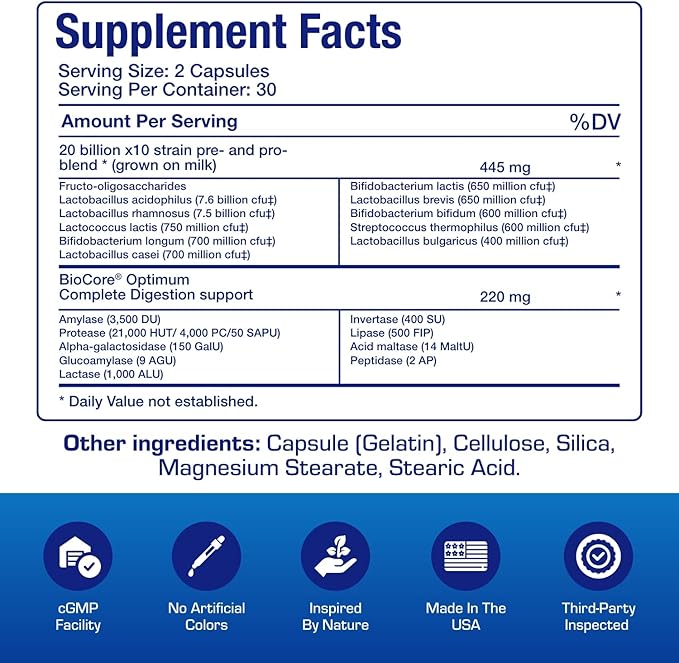 Digestive Enzymes with Probiotics and Prebiotics - Men &amp Womens Pre and Probiotic Supplement with 10 Diverse Strains &amp Broad Spectrum Enzymes for Digestion Bloating &amp Constipation Relief -