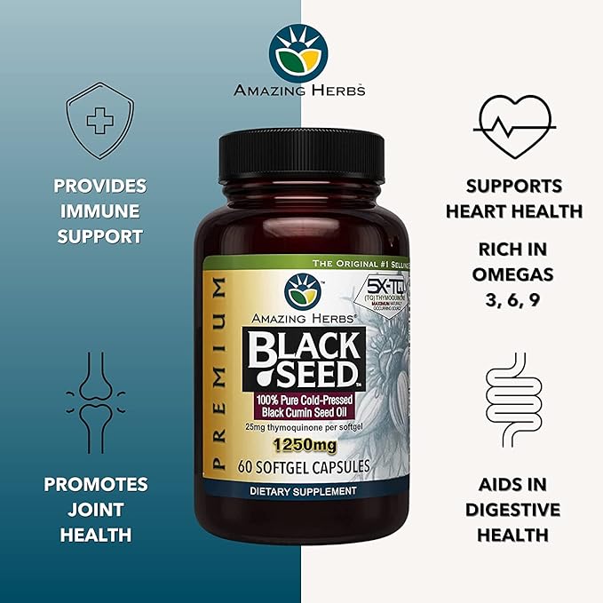 Amazing Herbs Premium Black Seed Oil Capsules - High Potency Cold Pressed Nigella Sativa Aids in Digestive Health Immune Support &amp Brain Function - 60 Count 1250mg (Pack of 2)
