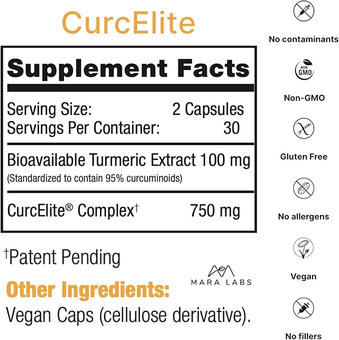 Mara Labs CurcElite Curcumin | Turmeric Extract 95% Curcuminoids | Vegan No Fillers and Non-GMO | 60 Vegan Capsules