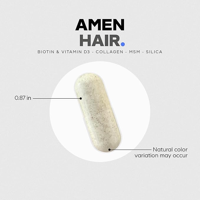 Amen Hair Vitamins - 10000 mcg Biotin Collagen Powder - Vitamin C D3 &amp E Pantothenic Acid MSM Zinc Hyaluronic Acid Inositol &amp Horsetail Extract - Non-GMO Hair Pill Supplements - 60 Cap