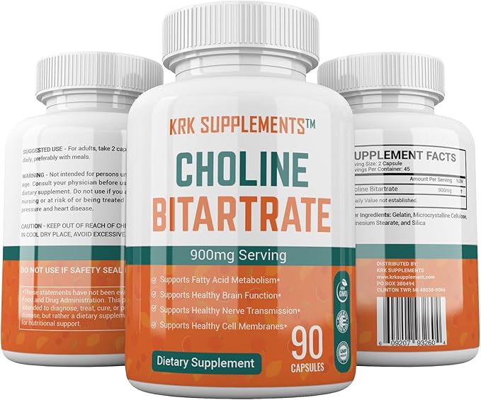 KRK SUPPLEMENTS Bundle Combo for 3 Total Bottles of Choline Bitartrate 900mg Per Serving