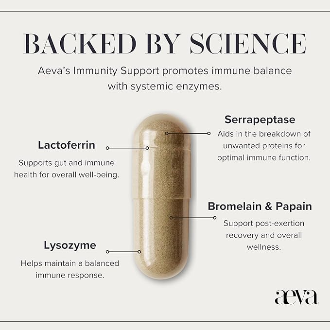 AEVA Immunity Support Enzymes – Functional Wellness Formula with Serrapeptase Lysozyme and Lactoferrin – Supports Immune Balance Resilience &amp Recovery – Made in California