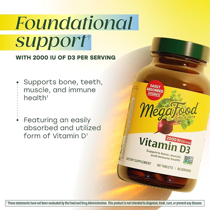 MegaFood Vitamin D3 2000 IU (50 mcg) - Vitamin D Supplements With Real Food Immune Support Supports Bones Teeth &amp Muscles Vegetarian Certified Non-GMO Kosher – 90 Tablets 90 Servings