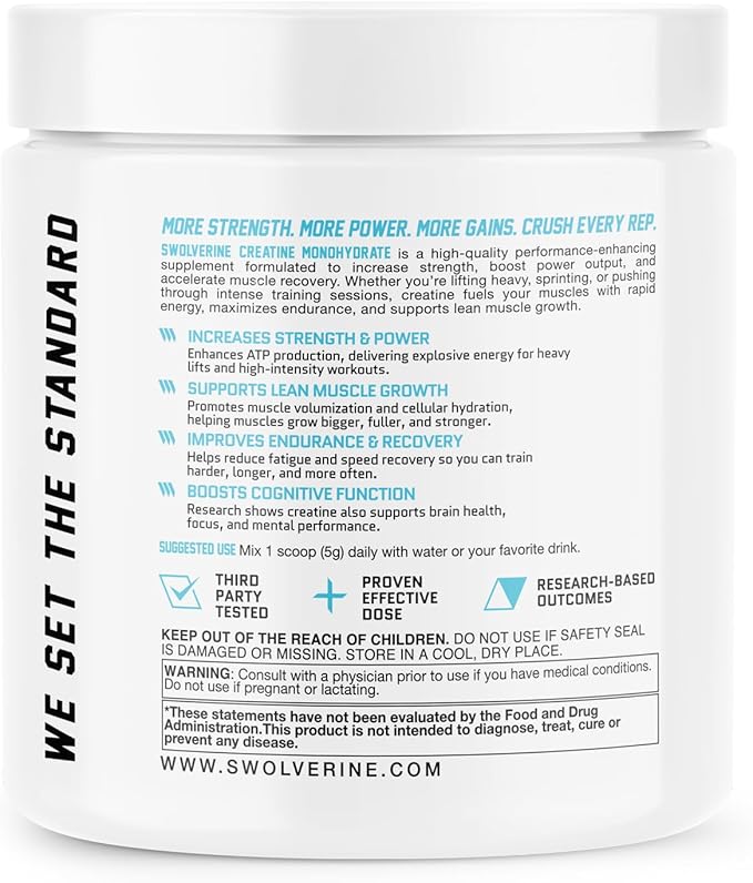 Swolverine Creatine Monohydrate Powder - 5g Micronized Creatine Third-Party Tested Single-Ingredient Supports Muscle Strength Power Recovery &amp High-Intensity Performance 30 Servings Unflavo