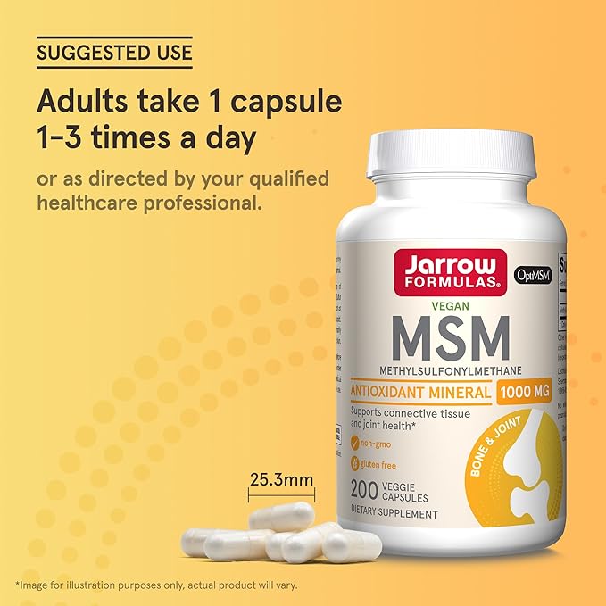Jarrow Formulas MSM 1000 mg - 200 Veggie Capsules - Methylsulfonylmethane - Source of Sulfur - Dietary Supplement Supports &amp Strengthens Joints - Up to 200 Servings