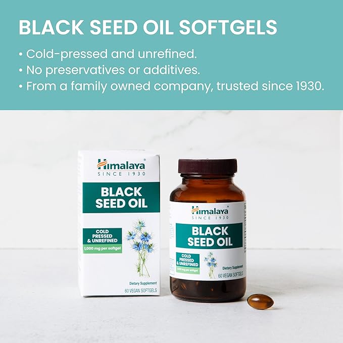 Himalaya Black Seed Oil Softgels Cold-Pressed &amp Unrefined Black Seed Oil for Wellness Non-GMO Vegan Gluten-Free No Additives 1000 mg Per Serving 60 Softgels