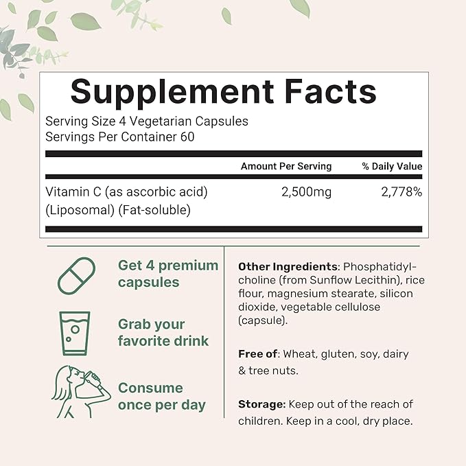 Liposomal Vitamin C 2500mg 240 Veggie Capsules | Highly Bioavailable Fat Soluble Form | Immune Support &amp Antioxidant Supplement | Liposomal Delivery for Superior Absorption | Non-GMO Gluten Fre