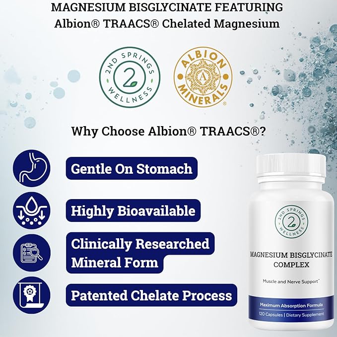 Magnesium Bisglycinate Complex 400mg – Albion TRAACS Chelated Magnesium for Maximum Absorption – Gentle on Stomach Highly Bioavailable Magnesium Supplement – 120 Capsules