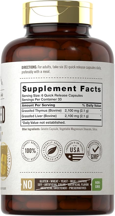 Carlyle Grass Fed Beef Thymus Bovine Supplement | 2100mg | 200 Capsules | Pasture Raised Non-GMO Gluten Free | by Herbage Farmstead