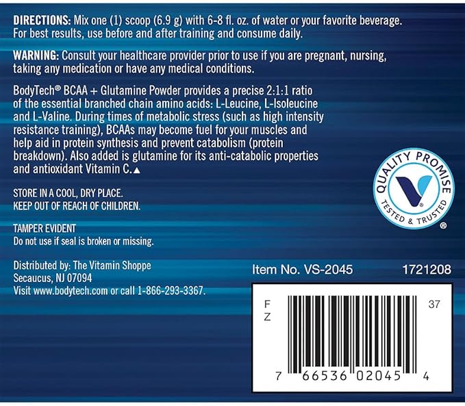BodyTech BCAA + Glutamine Powder with Vitamin C L Glutamine &amp More Essential Pre Workout or Post Workout Amino Acids for Men &amp Women Unflavored 7.3 Oz 30 Servings