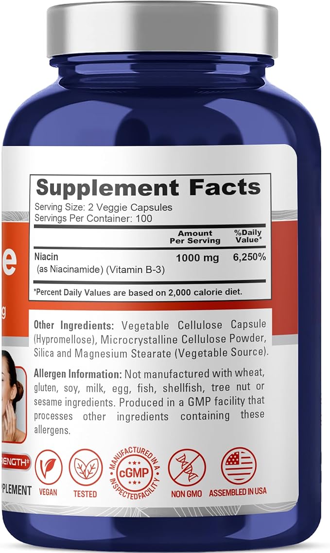 NusaPure Niacinamide 1000mg 200 Veggie Capsules (Non-GMO Vegan) Flush Free