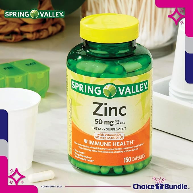 Spring Valley Zinc 50 mg with Vitamin D 50 mcg 150 Ct Immune Health Dietary Supplement Capsules 3 pk (450 Total) + Vitamin Vitality &amp Pill Container (5 Items)!