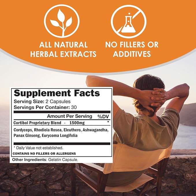 VH Nutrition CORTIBOL | Cortisol Manager* Supplement | Maximum Strength Adrenal Support* for Men and Women | Rhodiola Cordyceps and Eleuthero | 60 Capsules