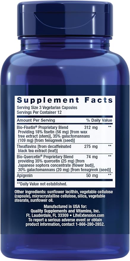 Life Extension Senolytic Activator®*Healthy AgingCellular Health Supportbioavailable quercetin and FisetinapigeninBlack Tea theaflavinsGluten FreeNon-GMOVegetarian36 Capsules(Pack of 2)