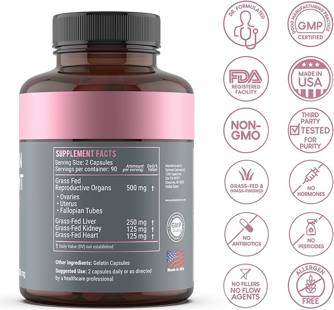 Beef Organ Supplement for Women | Supports Hormone Balance | Ovary Uterus &amp Reproductive Nourishment + Liver Kidney &amp Heart for Cycle Harmony Mood Ease &amp Feminine Energy | 90 Day Supply