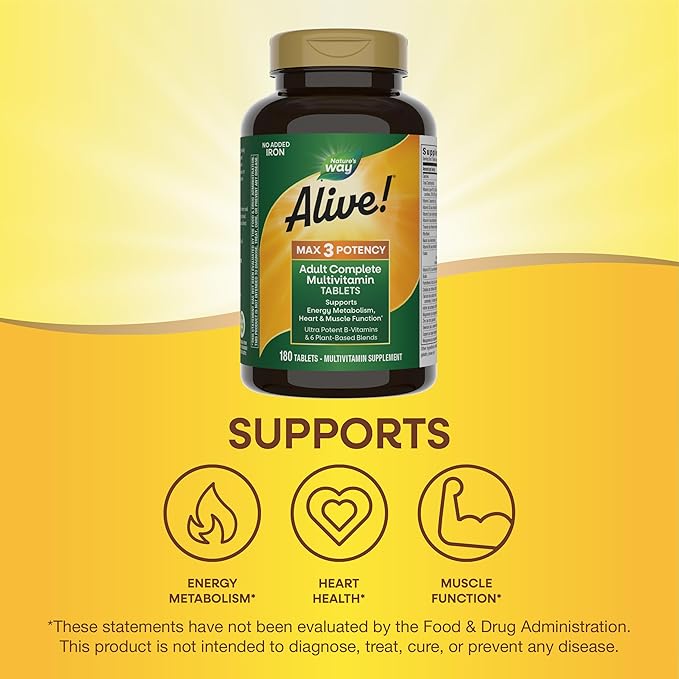 Nature's Way Alive! Max3 Potency Adult Complete Multivitamin High Potency B-Vitamins to Support Cellular Energy Metabolism* Multivitamin with Methylated B12 &amp Folate No Added Iron 180 Tablets