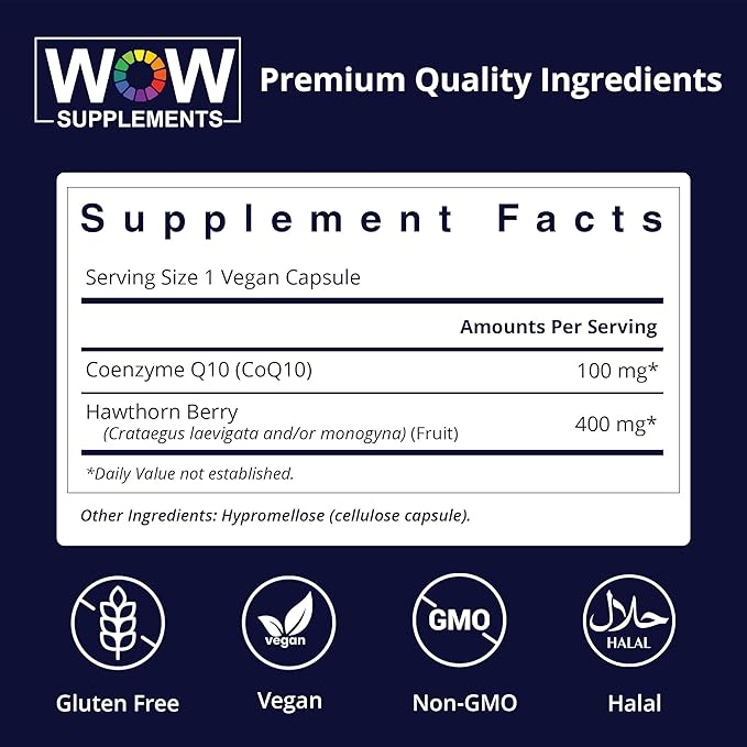 WOW Supplements CoQ10 100 mg with Hawthorn Berry - High Absorption CoQ10 100mg for Energy Production Heart and Cellular Health - Non-GMO Gluten-Free Coenzyme Q10 100mg Supplement - 90 Capsules