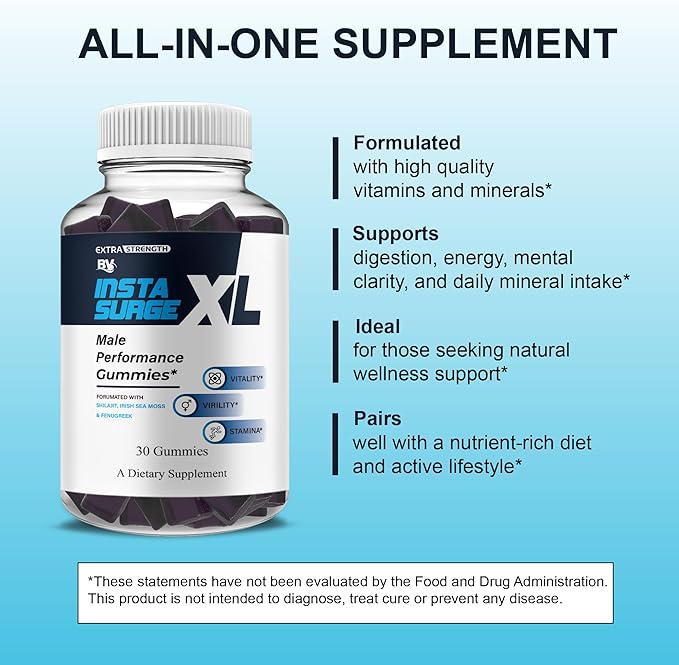 BLUE VIBE Insta Surge XL Gummies InstaSurgeXL Advanced Overall Health Formula Supplement InstaSurge XL Maximum Support (2 Pack - 60 Gummies)