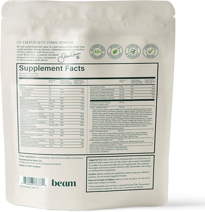 Beam Kids Multivitamin Powder – Kids Vitamins with Greens Probiotic &amp Prebiotic Immune Support for Children &amp Toddlers No Artificial Sweeteners for Picky Eaters 20 Servings Chocolate Fla