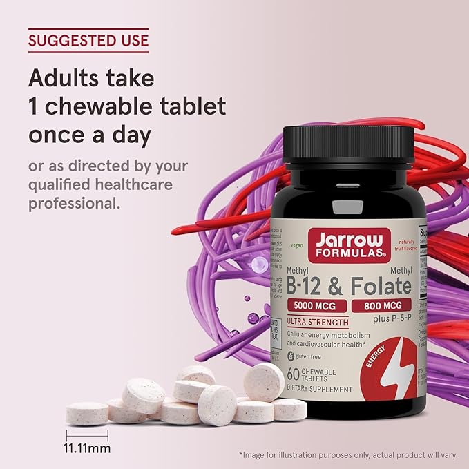 Jarrow Formulas Methyl B-12 &amp Methyl Folate Bioactive Vitamin B9 and Vitamin B12 Supplement Healthy Brain Function &amp Metabolism 60 Chewable Tablets 60 Servings (Pack of 2)