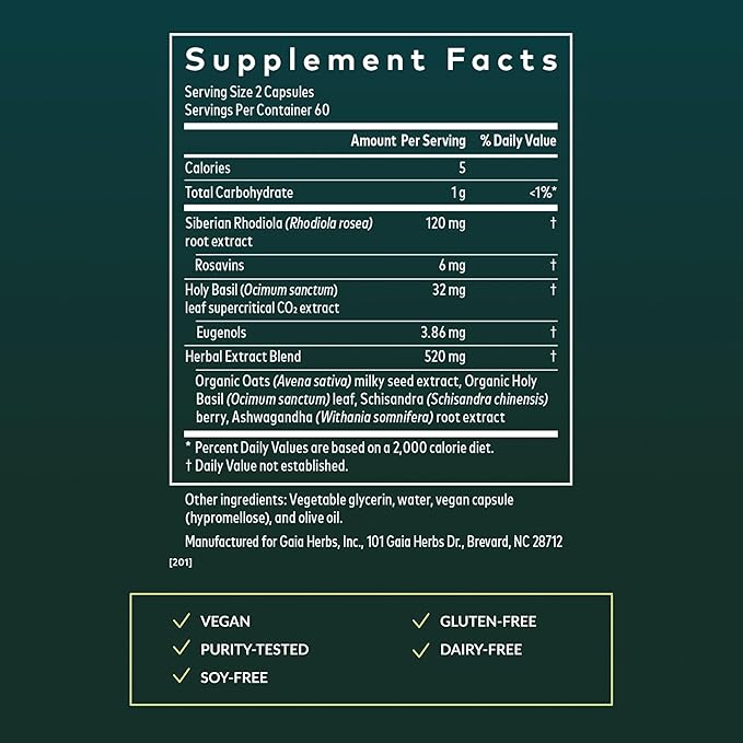 Gaia Herbs Adrenal Health Daily Support - Herbal Supplement with Ashwagandha Holy Basil &amp Schisandra - Help Maintain Healthy Energy &amp Stress Levels* - 120 Vegan Liquid Phyto-Caps (60 Servings