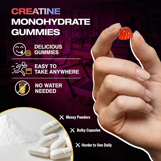 Creatine Gummies for Women &amp Men Low Sugar Creatine Supplements Help Build Muscle Creatine Monohydrate Gummies Raspberry Flavor Supports Muscle Growth and Enhances Strength 120 Count