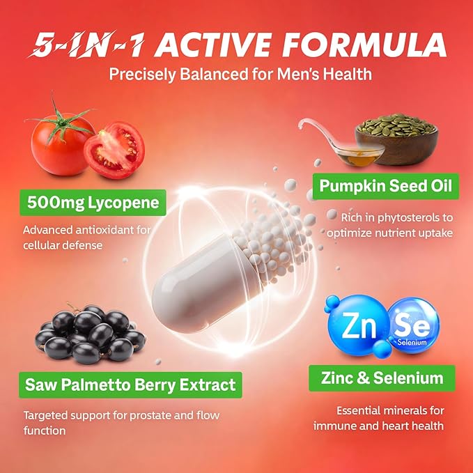 Lycopene 500MG &amp Prostate Supplement for Men 5-in-1 | Supports Heart &amp Skin Health with Saw Palmetto Berry Extract Pumpkin Seed Oil Zinc &amp Selenium | Vegan Non-GMO 90 Capsules