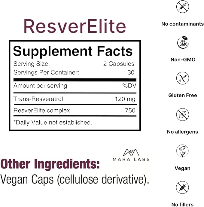 Mara Labs ResverElite | Bioavailable Resveratrol | Vegan No Fillers and Non-GMO | 60 Vegan Capsules