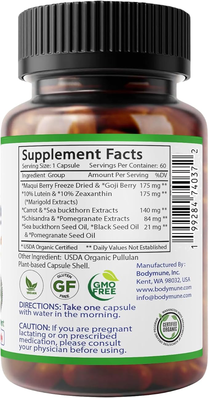 Bodymune Advanced EyeCare | USDA Organic Eye Health Supplement with Lutein &amp Zeaxanthin | Maqui Goji &amp Sea Buckthorn Extracts | 60-Day Supply | Vegan Non-GMO Made in USA