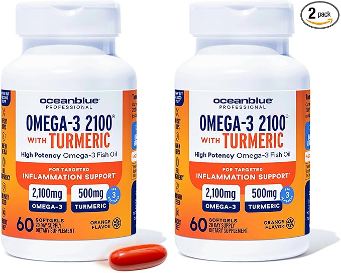 Oceanblue 2100 Triple Strength Omega-3 Fish Oil with Turmeric | Burpless Omega 3 Combo Supplement with Curcumin EPA DHA DPA | Heart and Joint Support | 60 Softgels | 2 Pack | 120 Total Softgels