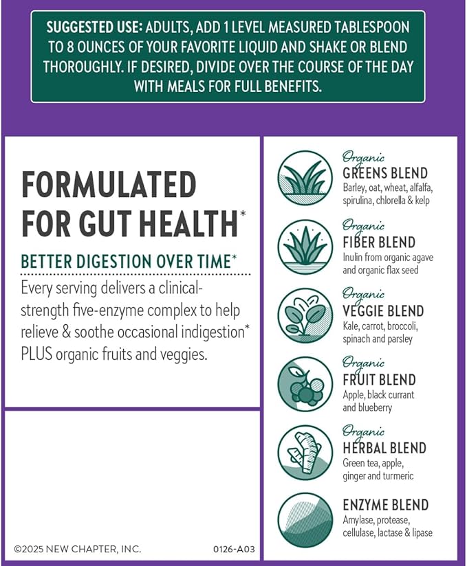 New Chapter All-Flora Digestive Super Greens Powder for Gut Health - Clinical-Strength Digestive Enzymes + USDA Organic Chlorella Spirulina Fermented Greens – Delicious &amp 100% Vegan 30 Servings