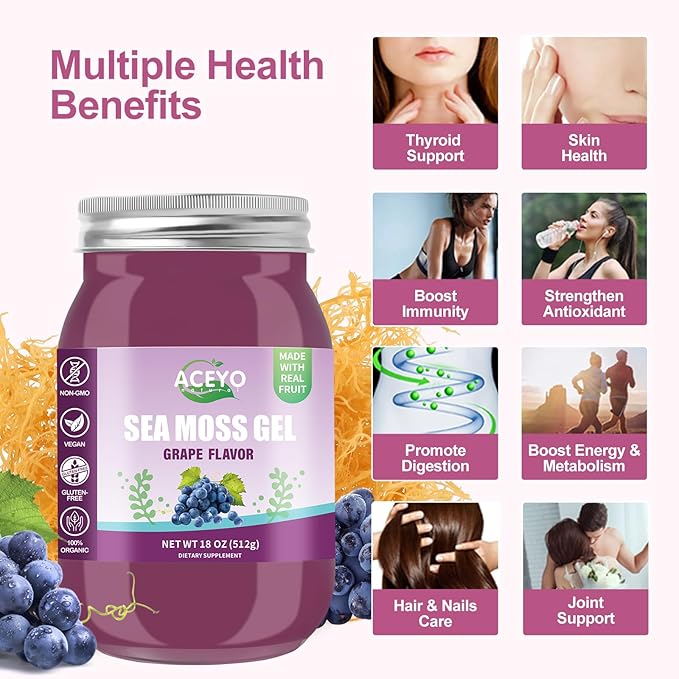 (18 OZ) Irish Sea Moss Gel Organic Raw Vegan Grape Flavor 102 Vitamins and Minerals Wild Harvested Non-GMO Immune Defense Booster Thyroid Digestive Support