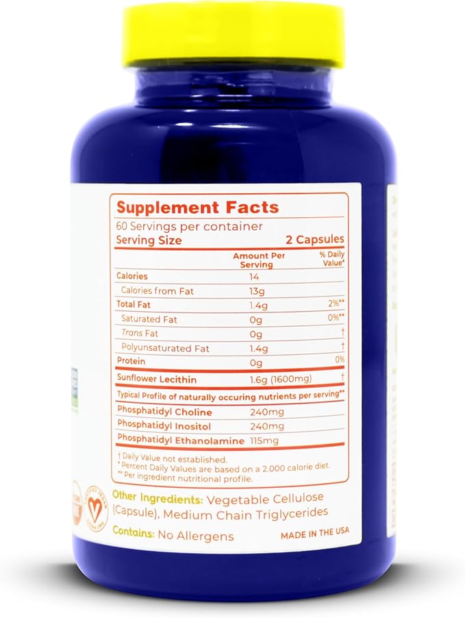 100% Natural Sunflower Lecithin Capsules | Solvent-Free | 800mg Per Capsule | Soy-Free Gluten-Free Vegan | Natural Lactation Support | Nervous System Support | 120 Vegetarian Capsules