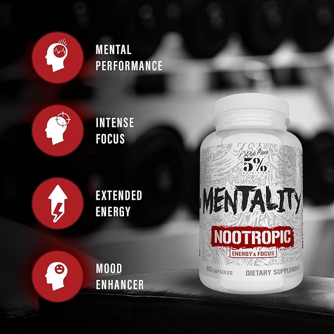 5% Nutrition Rich Piana Mentality Nootropic Blend | Brain Booster Supplement for Performance Memory Mental Clarity | Ginseng Ginkgo L-Theanine Choline Huperzine 60 Capsules (30 Day Supply)